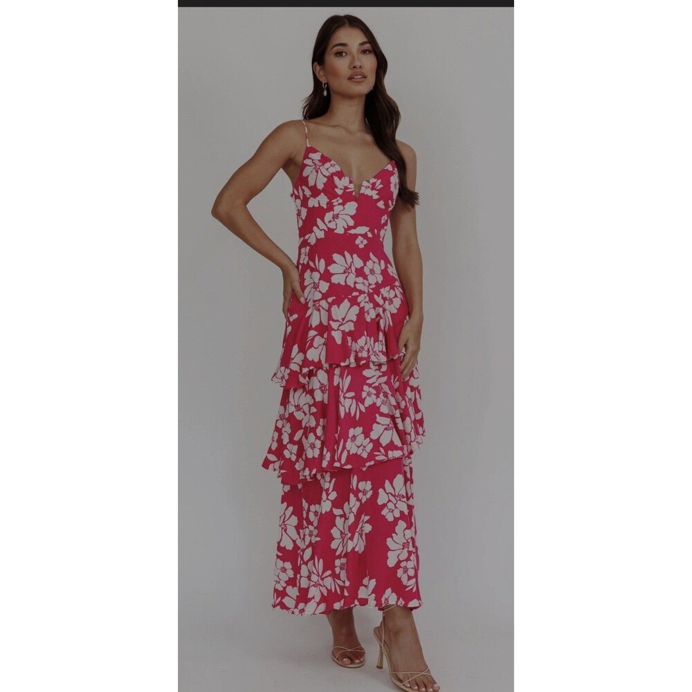 SELFIE LESLIE Carlo Tiered Sz S Ruffle Maxi Dress Pink NWT